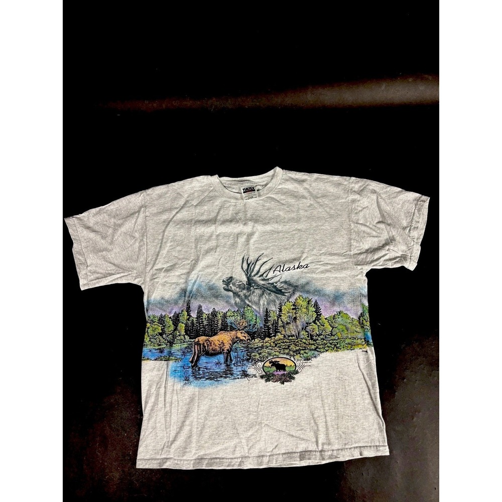 VTG Tultex Tshirt Mens XL Gray Alaska Moose‎ Graphic Print Single Stitch